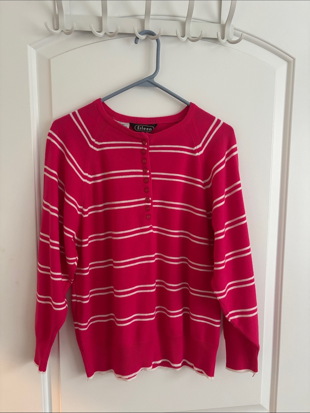 Eileen Pink White Striped Henley Sweater Women's Medium Acrylic Made in Poland
